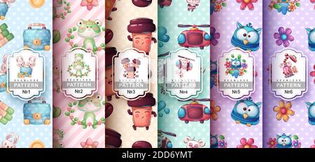 Ensemble mignon animal dessin animé autocollant. Motif sans couture. Vecteur eps 10 Illustration de Vecteur