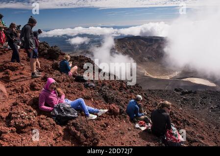 Randonneurs au sommet du volcan du mont Ngauruhoe sur le Tongariro Alpine Crossing, parc national de Tongariro, Île du Nord, Nouvelle-Zélande Banque D'Images