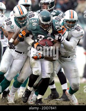 PAS DE FILM, PAS DE VIDÉO, PAS de TV, PAS DE DOCUMENTAIRE - Philadelphia Eagles qui se retourne Brian Westbrook gagne un premier avant d'être attaqué par Miami Dolphin défensif fin Jason Taylor et attaque défensive Rodrique Wright (à droite) lors du troisième trimestre de l'action à Lincoln Financial Field à Philadelphie, PA, USA le 18 novembre, 2007. Les Eagles ont vaincu les dauphins 17-7. Photo de Barbara Johnston/Philadelphia Inquirer/MCT/Cameleon/ABACAPRESS.COM Banque D'Images