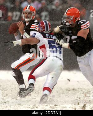 PAS DE FILM, PAS DE VIDÉO, PAS de TV, PAS DE DOCUMENTAIRE - le quarterback des Cleveland Browns Derek Anderson, à gauche, cherche un récepteur ouvert tandis que le lineman Ryan Tucker, à droite, bloque John DiGiorgio de Buffalo Bills dans le troisième trimestre au stade des Cleveland Browns à Cleveland, OH, États-Unis, le 16 décembre 2007. Les Browns ont remporté 8-0 photo par Bob DeMay/Akron Beacon Journal/MCT/Cameleon/ABACAPRESS.COM Banque D'Images