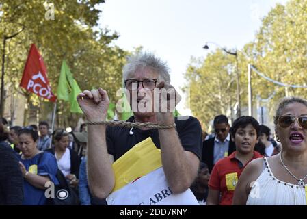 Président de l'association française de droit au logement (DAL, droit au logement) Jean-Baptiste Eyraud lors d'une manifestation contre la loi Elan (Loi Elan) pour dénoncer la politique du logement à l'égard des personnes handicapées du gouvernement d'Édouard Philippe, à Paris, en France, le 1er septembre 2018. Photo de Patrick Pierrot/avenir photos/ABACAPRESS.COM Banque D'Images