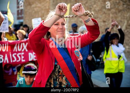 Conseiller municipal de Paris et membre de l'aile gauche française Parti de Gauche (PG) Danielle Simonnet lors d'une manifestation contre la loi Elan (Loi Elan) pour dénoncer la politique de logement à l'égard des personnes handicapées du gouvernement d'Édouard Philippe, à Paris, en France, le 1er septembre 2018. Photo de Denis Prezat/avenir photos/ABACAPRESS.COM Banque D'Images