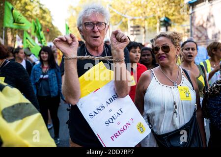 Président de l'association française de droit au logement (DAL, droit au logement) Jean-Baptiste Eyraud lors d'une manifestation contre la loi Elan (Loi Elan) pour dénoncer la politique du logement à l'égard des personnes handicapées du gouvernement d'Édouard Philippe, à Paris, en France, le 1er septembre 2018. Photo de Denis Prezat/avenir photos/ABACAPRESS.COM Banque D'Images