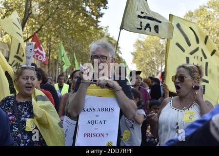 Président de l'association française de droit au logement (DAL, droit au logement) Jean-Baptiste Eyraud lors d'une manifestation contre la loi Elan (Loi Elan) pour dénoncer la politique du logement à l'égard des personnes handicapées du gouvernement d'Édouard Philippe, à Paris, en France, le 1er septembre 2018. Photo de Patrick Pierrot/avenir photos/ABACAPRESS.COM Banque D'Images