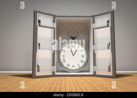 Montre de poche dans le réfrigérateur sur parquet. Notion : temps de gel ou temps lent. Illustration 3D Banque D'Images