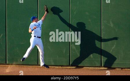 PAS DE FILM, PAS DE VIDÉO, PAS de télévision, PAS DE DOCUMENTAIRE - Mitch Maier, le père du centre des Kansas City Royals, fait une prise près du mur sur une balle frappée par le Jermaine Dye du Chicago White Sox dans le quatrième repas au Kauffman Stadium à Kansas City, MI, USA, le 2 juillet 2009. Photo de John Sleezer/Kansas City Star/MCT/Cameleon/ABACAPRESS.COM Banque D'Images