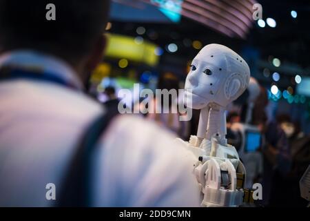Un robot 3D imprimé grandeur nature est photographié au coin InMoov lors du salon VivaTech (Viva Technology) du 24 mai 2018 à Paris. Photo par ELIOT BLONDT/ABACAPRESS.COM Banque D'Images