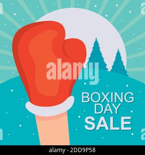 soldes du lendemain de noël avec main et gant de boxe sur fond de paysage, design coloré, illustration vectorielle Illustration de Vecteur