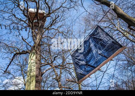 La photo a été prise le 14 mars 2018 et non pas septembre - trois maisons à 25 mètres, construit par les activistes pour arrêter la coupe du bois. La police essaie de nettoyer les maisons d'arbres dans la forêt de Hambach. Kerpen, Rhénanie-du-Nord-Westphalie, Allemagne, 14 mars 2018. Photo par Antonio Cascio/ABACAPRESS.COM Banque D'Images