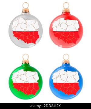 Boules de Noël avec carte polonaise, rendu 3D isolé sur fond blanc Banque D'Images