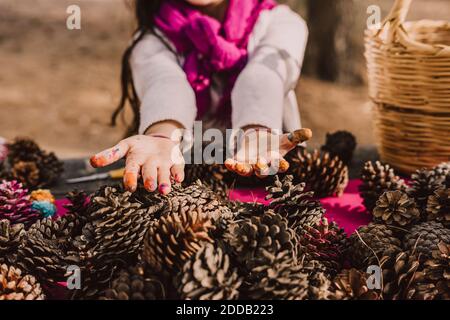 Mains salissantes de la fille avec des cônes de pin à la table de pique-nique dans le parc Banque D'Images