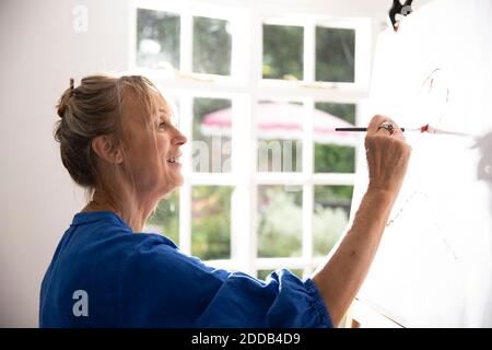 Femme âgée peignant une photo sur toile à la maison Banque D'Images