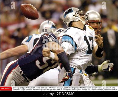 PAS DE FILM, PAS DE VIDÉO, PAS DE TV, PAS DE DOCUMENTAIRE - © GEORGE BRIDGES/KRT/ABACA. 55500-2. Houston-TX-USA, 1er février 2004. Mike Vrabel (50), de la Nouvelle-Angleterre, force Jake Delhomme (17), le quarter back de la Caroline, à fouler dans le deuxième quart du Super Bowl XXXVIII entre les New England Patriots et Carolina Panthe Banque D'Images