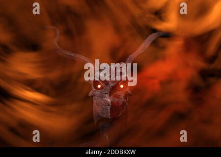 Illustration 3D du diable abstrait au milieu de la fumée rouge Banque D'Images