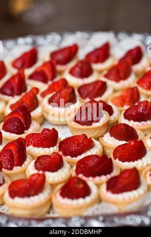 Petites tartes de fruits sur le plateau de la salle de restauration. Des tartes de couleur vive dans une photo verticale avec une faible profondeur de mise au point. Banque D'Images