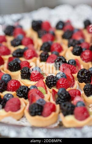 Petites tartes de fruits sur le plateau de la salle de restauration. Des tartes de couleur vive dans une photo verticale avec une faible profondeur de mise au point. Banque D'Images