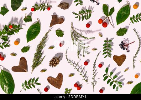 Feuilles, cônes de pin, petites branches et fruits de fraise dans le modèle d'automne, illustration Banque D'Images
