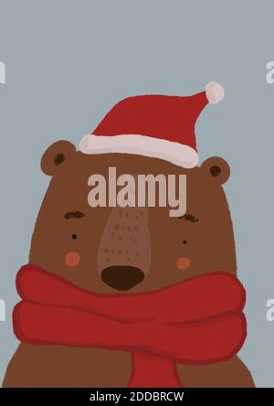 Clip art de l'ours brun portant écharpe et chapeau de père Noël Banque D'Images