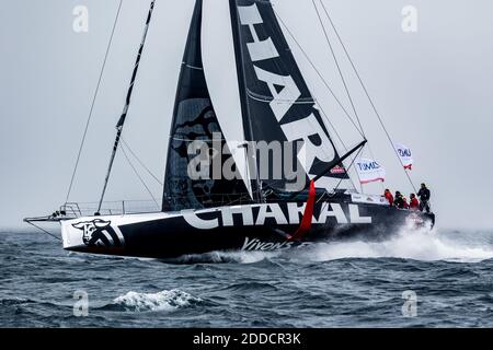 Skipper français JEREMIE BEYOU monocoque IMOCA CHARAL pendant le Defi Azimut 2018 à Lorient, le 23 septembre 2018. Photo d'Arnaud Masson/ABACAPRESS.COM Banque D'Images