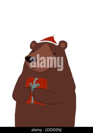 Clip art de l'ours brun portant chapeau de père Noël tenue de Noël présent Banque D'Images