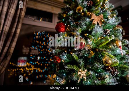 Gros plan de l'arbre de noël dans la salle de séjour. Chirstmas avec lumières réfléchissantes dans la fenêtre à la maison. Concept de noël familial. Arbre de salon. Banque D'Images