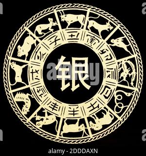 Zodiaque lunaire chinois, bonne année chinoise, symbole lunaire chinois doré sur fond noir Banque D'Images