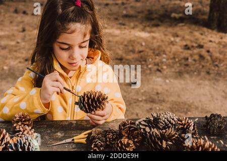 Jolie fille décorant le cône de pin tout en colorant avec le pinceau à table dans le parc Banque D'Images