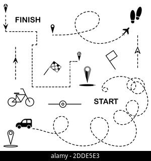 Itinéraires définis. Pistes d'avion, de voiture, de vélo. Suivi de transport, navigation, déplacement, carte, broches de localisation, repères, lignes en pointillés. Illustration vectorielle. Icônes graphiques noires. Drapeaux de début, de fin, empreintes, flèches. Illustration vectorielle Illustration de Vecteur