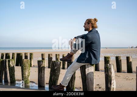 Jeune homme regardant la vue tout en étant assis sur un poteau en bois à la plage contre un ciel dégagé Banque D'Images