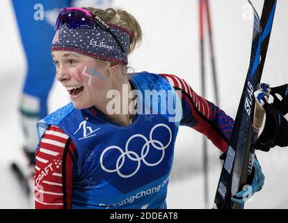 PAS DE FILM, PAS DE VIDÉO, PAS de TV, PAS DE DOCUMENTAIRE - Jessie Diggins à la fin du Relais de 4,5 km des femmes au Centre de cross-country d'Alpensia pendant les Jeux Olympiques d'hiver de Pyeongchang le samedi 17 février 2018 à Pyeongchang, Corée du Sud. Photo de Carlos Gonzalez/Minneapolis Star Tribune/TNS/ABACAPRESS.COM Banque D'Images