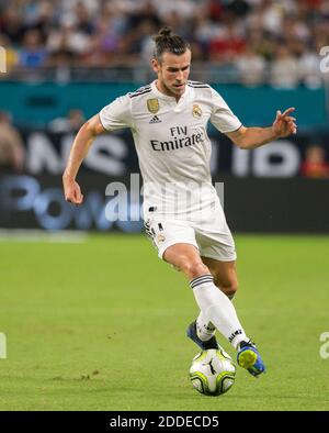 PAS DE FILM, PAS DE VIDÉO, PAS de TV, PAS DE DOCUMENTAIRE - le Real Madrid Forward Gareth Bale (11) contrôle le ballon pendant la première moitié contre Manchester United lors de l'action de la coupe des champions internationaux au Hard Rock Stadium à Miami Gardens, FL, USA le mardi 31 juillet 2018. Manchester United a gagné, 2-1. Photo de Sam Navarro/Miami Herald/TNS/ABACAPRESS.COM Banque D'Images