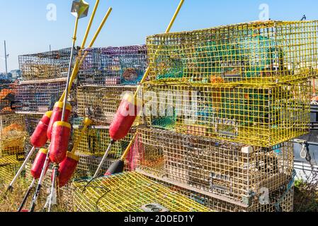 Pile de pots et bouées de homard colorés dans une pêche port Banque D'Images