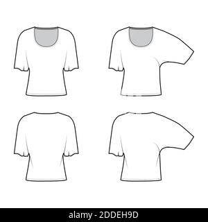 Ensemble de hauts à manches longues et coudes avec encolure ronde et coupe relax. Modèle de blouse plate avant arrière couleur blanche. Femmes hommes unisexe chemise CAD maquette Illustration de Vecteur