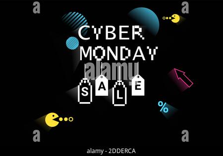 cyber monday affiche de vente en ligne circulaire promotion d'achat de vacances illustration vectorielle horizontale de bannière de style pixel art 8 bits Illustration de Vecteur