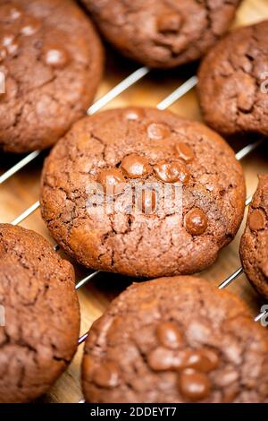 Biscuits aux pépites de chocolat classiques fraîchement cuits, cuisine de fond. Banque D'Images