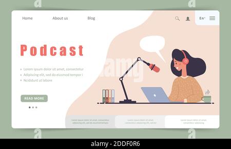 Modèle de page d'accueil de podcast. Entretien avec l'hôte radio. Diffusion en ligne. Illustration de Vecteur