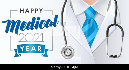 Bonne expérience médicale 2021 ans. Design de la bannière médicale de soins de santé avec le médecin, numéros 20 21, stéthoscope et cravate bleue. Illustration vectorielle Illustration de Vecteur