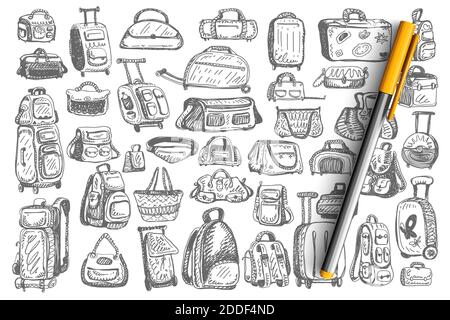 Sac ensemble de doodle. Collection de différents sacs à main pour le voyage bagages de tourisme sacs d'école isolés sur fond blanc. Valise de voyage pour l'illustration du trajet. Illustration de Vecteur