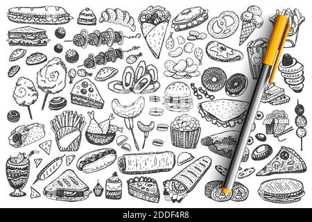 Ensemble de nouilles pour aliments rapides. Collection de gâteaux de maïs pop hamburger hot dog chips hamburgers nouilles et pizza sur fond blanc. Illustration de la nutrition malsaine et de la malbouffe. Illustration de Vecteur