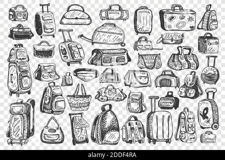 Sac ensemble de doodle. Collection de différents sacs à main pour le voyage bagages de tourisme sacs d'école isolés sur fond transparent. Valise de voyage pour l'illustration du trajet. Illustration de Vecteur