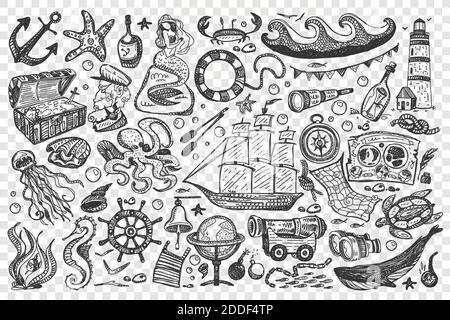 Ensemble de pirates. Collection de symboles océan mer carte Trésor or coffre navire mermaid baleine rhum marin isolé sur fond transparent. Illustration de la vie marine libre de corsaires. Illustration de Vecteur