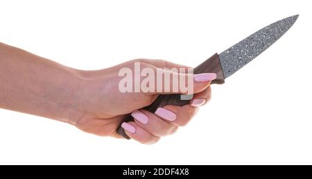 couteau de cuisine à main femelle sur fond blanc isolé Banque D'Images