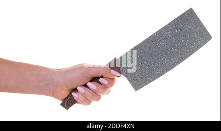 couteau de cuisine à main femelle sur fond blanc isolé Banque D'Images
