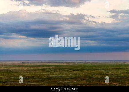 Coucher de soleil pittoresque avec des nuages dans le ciel dans la steppe. Banque D'Images