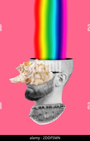 Collage de l'art moderne le concept de contenu de l'information. La tête d'un homme avec une tête de mer sur les yeux et une barbe, dans laquelle le ruisseau arc-en-ciel tend. Pi Banque D'Images
