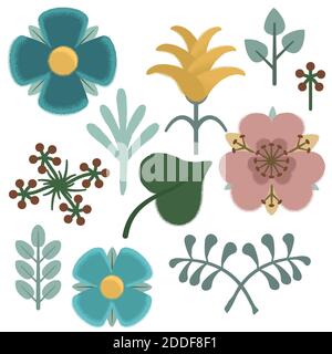Un petit ensemble de fleurs dessinées avec grain et texture de bruit. Illustration de Vecteur