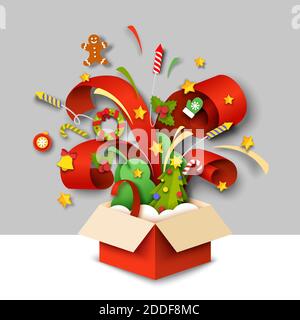 Boîte cadeau magique ouverte avec symboles de Noël. Illustration vectorielle en style papier. Illustration de Vecteur