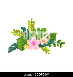 Bouquets de fleurs tropicales et de feuilles sur un fond isolé. Hibiscus, banane, palmier, feuilles. Illustration vectorielle. Illustration de Vecteur