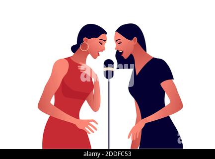 Élégantes femmes en robe rouge chantant dans le microphone Illustration de Vecteur