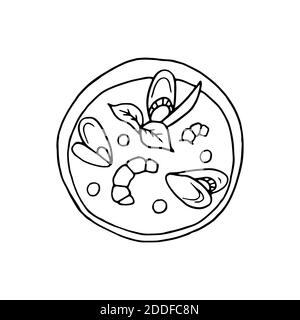 Bouillabaisse vector à la main. Plat de cuisine française. Moules et fruits de mer. Design sketch élément pour menu café, bistrot, restaurant, étiquette et emballage. JE Illustration de Vecteur